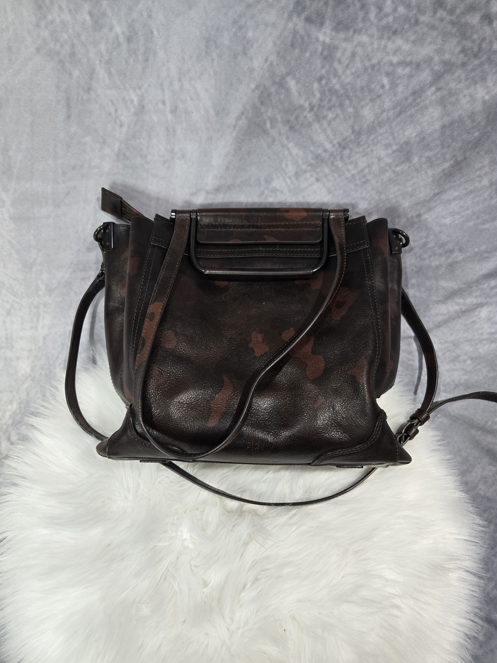 Frye Charlie Multi-Handle Leather Tote in a brown camouflage print